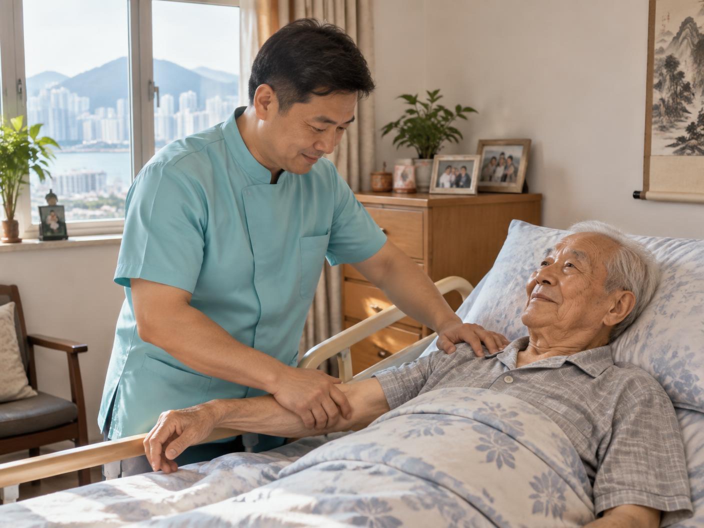 男護理人員為臥床男長者提供按摩護理（設計圖片）